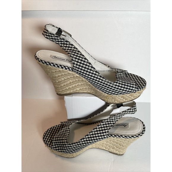 American Eagle Black Gingham Slingback Buckle Wedge Espadrilles Sandal Size 9 - Picture 2 of 14